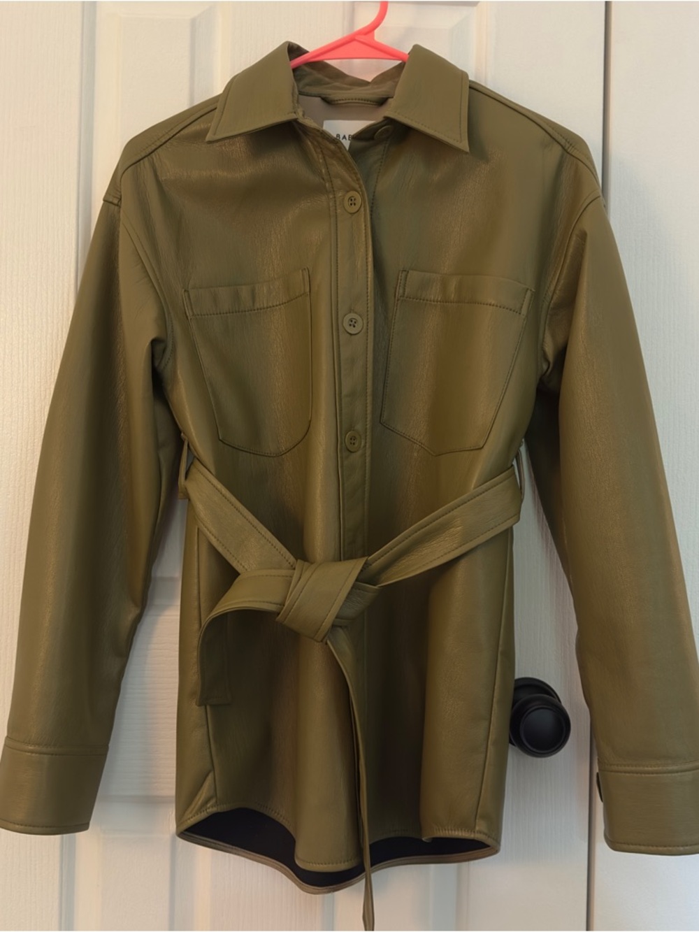 Babaton Olive Vegan Leather Trench Shirt with Tie Belt